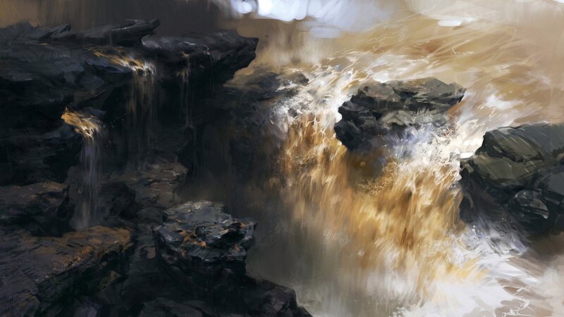 Waterfall in Rocky Canyon — Brown, Dramatic, Digital Art