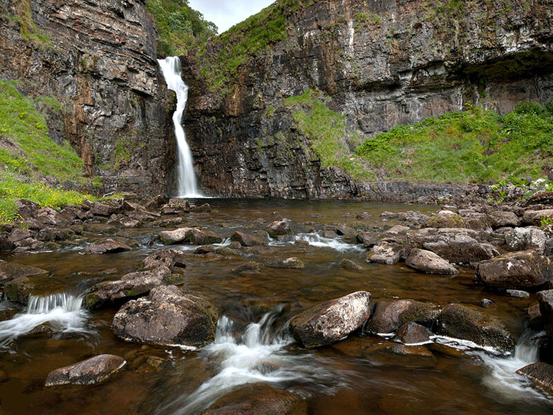 Waterfall in Rocky Canyon — Brown, Serene, Afternoon, Photograph