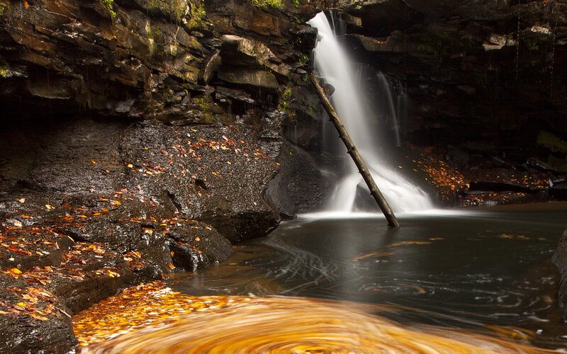 Waterfall in Rocky Canyon — Brown, Serene, Autumn, Photograph, Rock
