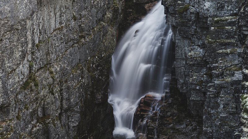 Waterfall in Rocky Canyon — Gray, Dramatic, Photograph, Rock