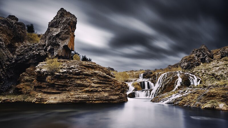 Waterfall in Rocky Canyon — Gray, Dramatic, Photograph, Rocks, River