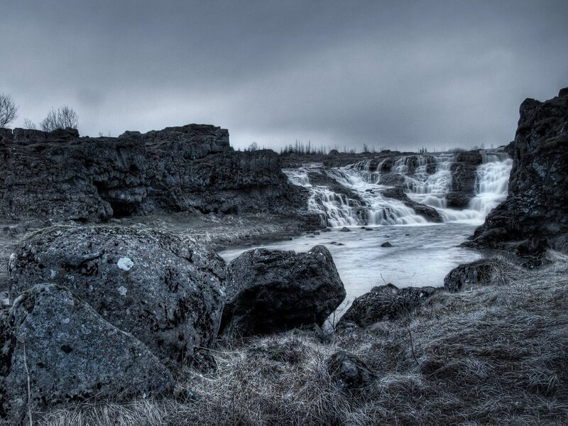 Waterfall in Rocky Canyon — Gray, Dramatic, Winter