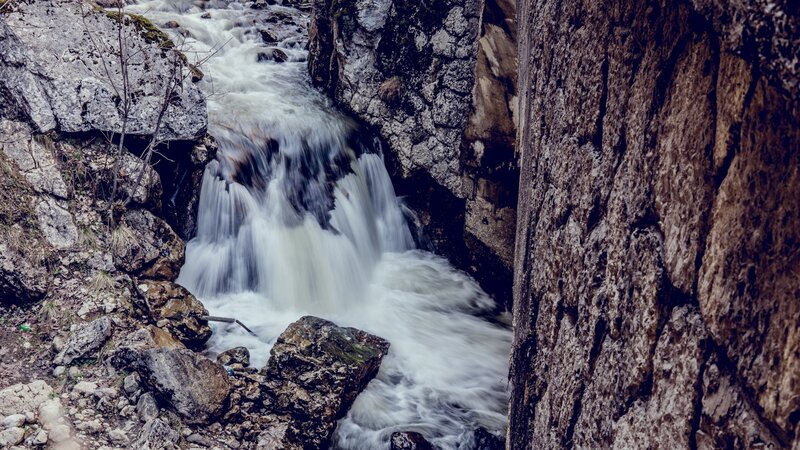 Waterfall in Rocky Canyon — Gray, Dynamic, Photograph