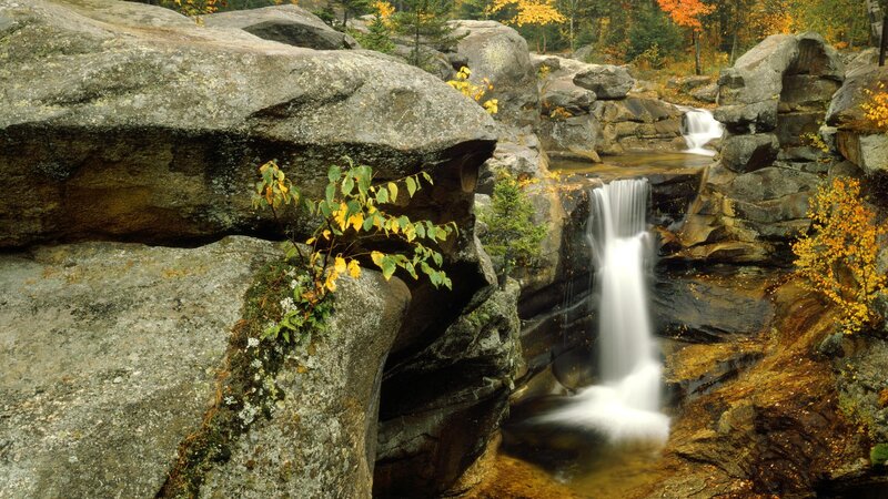 Waterfall in Rocky Canyon — Gray, Serene, Autumn, Photograph, Rocks, Trees