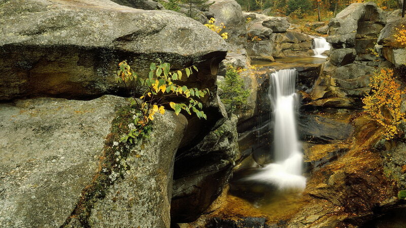 Waterfall in Rocky Canyon — Gray, Serene, Autumn, Photograph