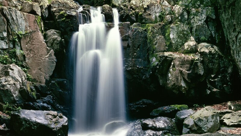 Waterfall in Rocky Canyon — Gray, Serene, Photograph, Rocks, Moss, Trees