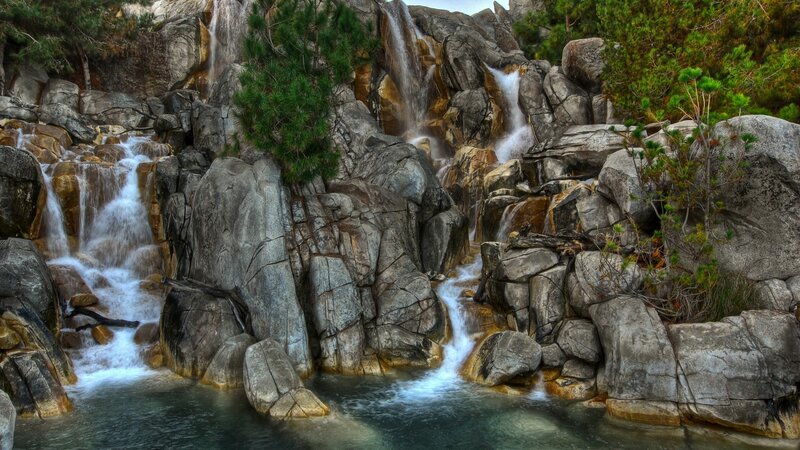 Waterfall in Rocky Canyon — Gray, Serene, Photograph, Rocks, Trees, Pool, Green, Blue