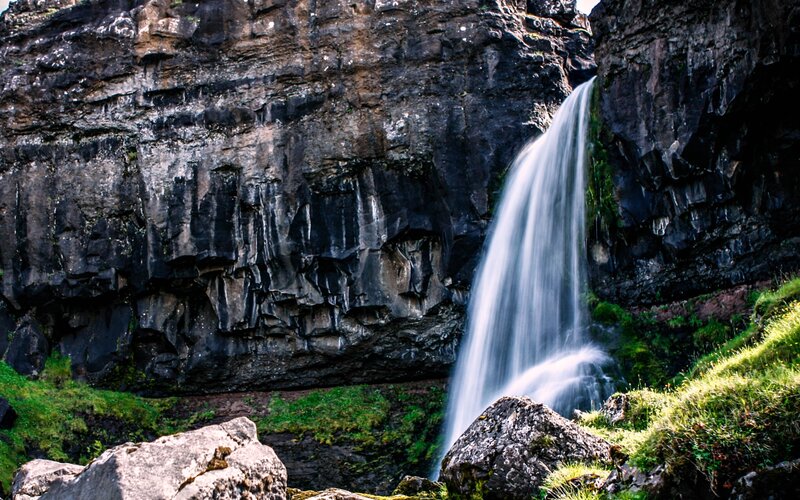 Waterfall in Rocky Canyon — Green, Dramatic, Afternoon, Photograph