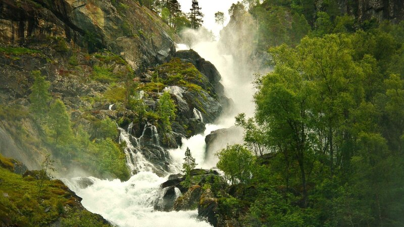 Waterfall in Rocky Canyon — Green, Dramatic, Afternoon