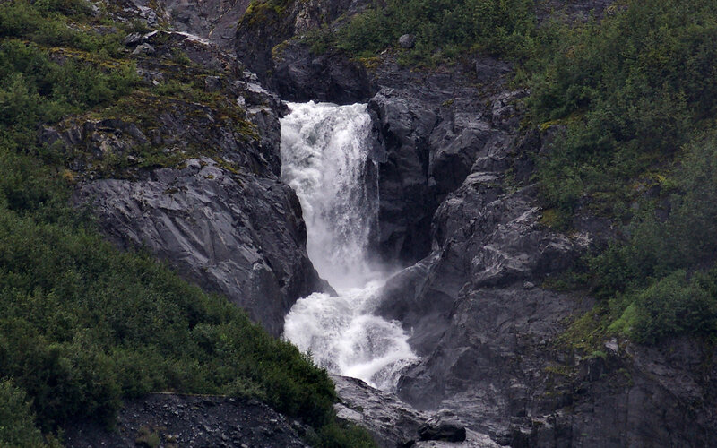 Waterfall in Rocky Canyon — Green, Dramatic, Photograph, Rocks