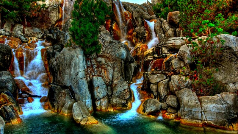 Waterfall in Rocky Canyon — Green, Dramatic, Photograph