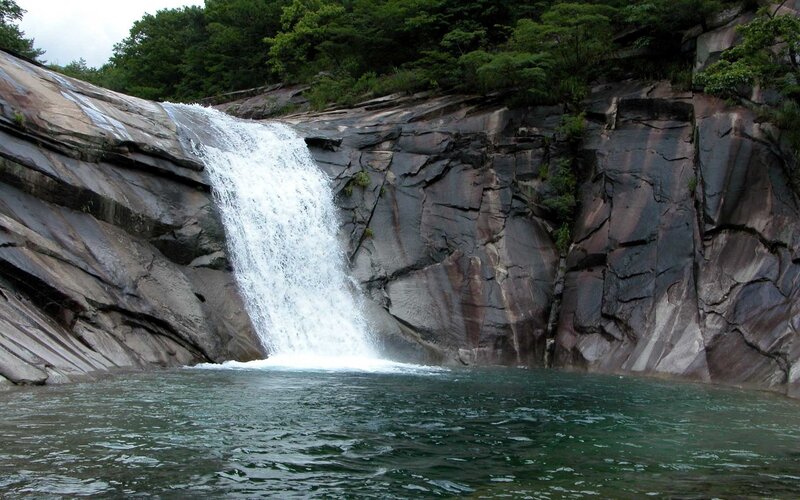 Waterfall in Rocky Canyon — Green, Natural, Photograph, Rocky Cliff