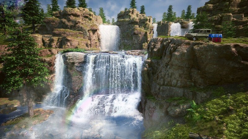 Waterfall in Rocky Canyon — Green, Serene, Afternoon, 3d Render