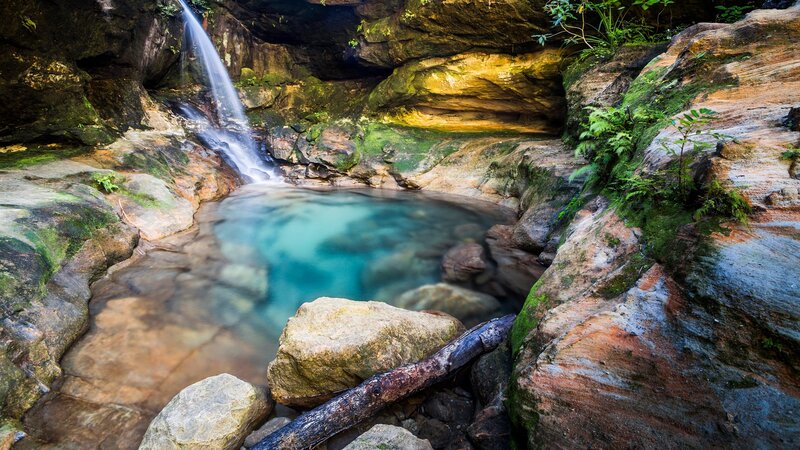 Waterfall in Rocky Canyon — Green, Serene, Afternoon, Photograph, Pool, Moss