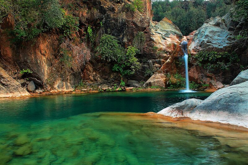 Waterfall in Rocky Canyon — Green, Serene, Afternoon, Photograph, Pool, Trees