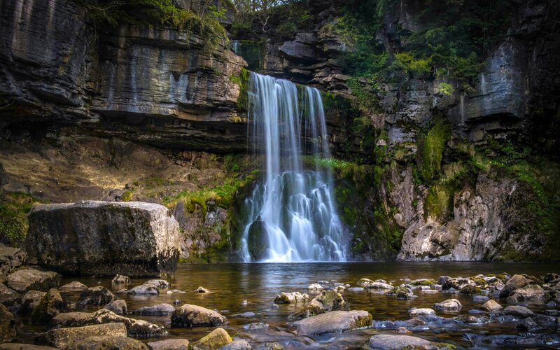 Waterfall in Rocky Canyon — Green, Serene, Afternoon, Photograph, River, Rocks