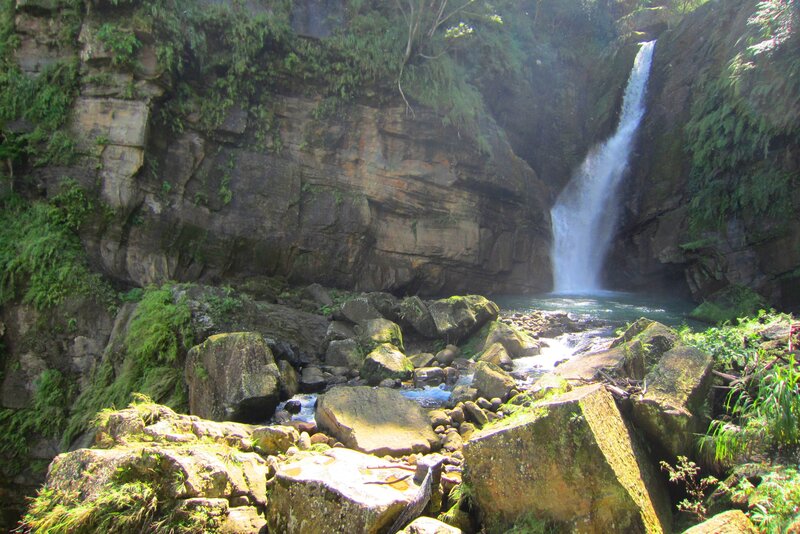 Waterfall in Rocky Canyon — Green, Serene, Afternoon, Photograph, Rocks