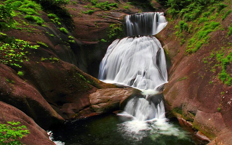 Waterfall in Rocky Canyon — Green, Serene, Afternoon, Photograph