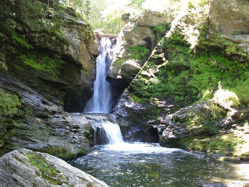 Waterfall in Rocky Canyon — Green, Serene, Afternoon, Photograph, Trees, Pool