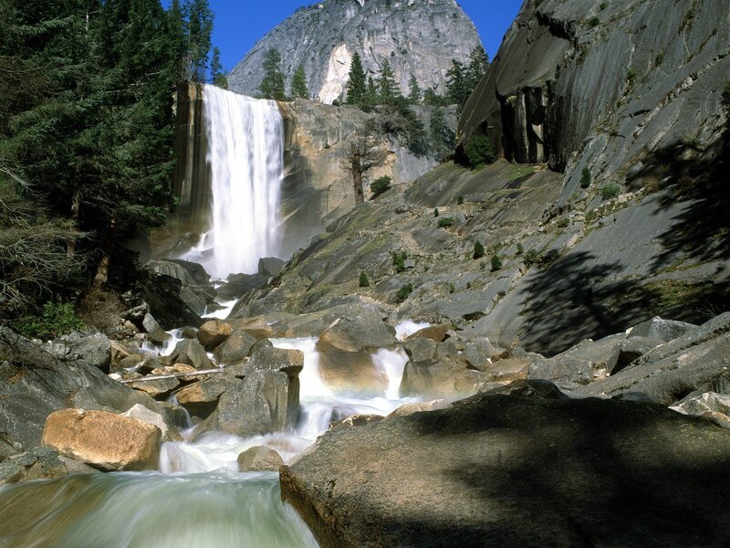 Waterfall in Rocky Canyon — Green, Serene, Afternoon, Photograph, Trees, Rocks, Mountain