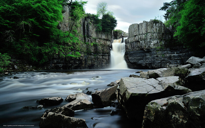 Waterfall in Rocky Canyon — Green, Serene, Afternoon, Photograph, Trees, Rocks