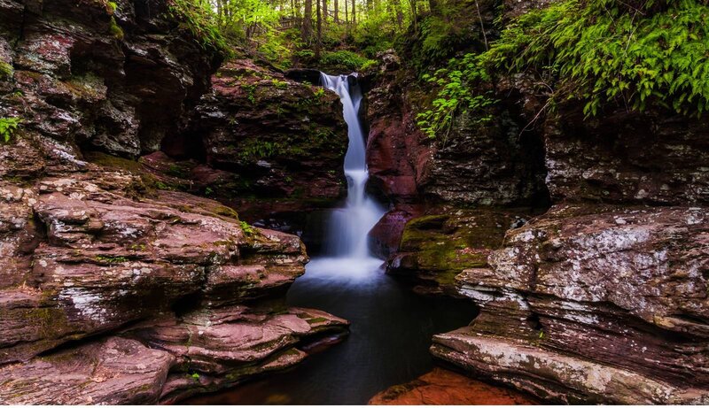 Waterfall in Rocky Canyon — Green, Serene, Afternoon, Photograph, Trees