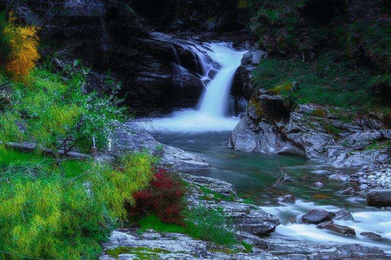 Waterfall in Rocky Canyon — Green, Serene, Autumn, Photograph, River