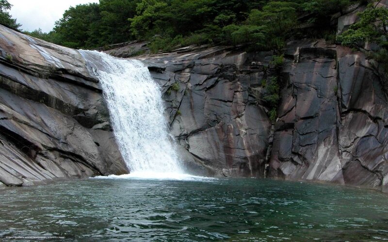 Waterfall in Rocky Canyon — Green, Serene, Photograph, Rock, Pool
