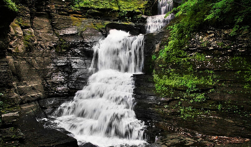 Waterfall in Rocky Canyon — Green, Serene, Photograph, Rock