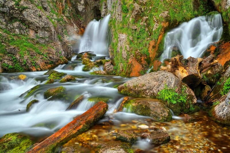 Waterfall in Rocky Canyon — Green, Serene, Photograph, Rocks, Moss, Stream