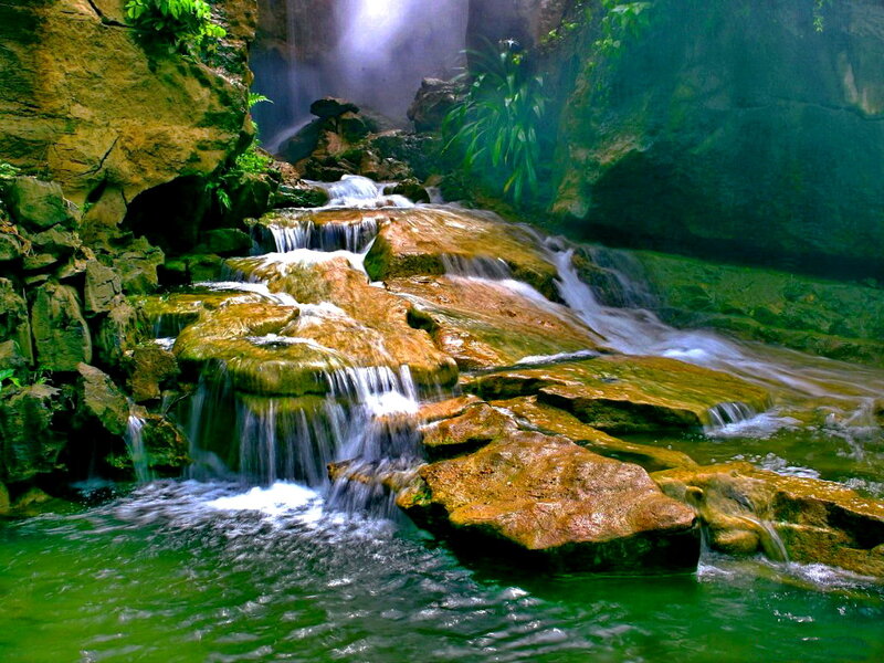Waterfall in Rocky Canyon — Green, Serene, Photograph, Rocks, Plants