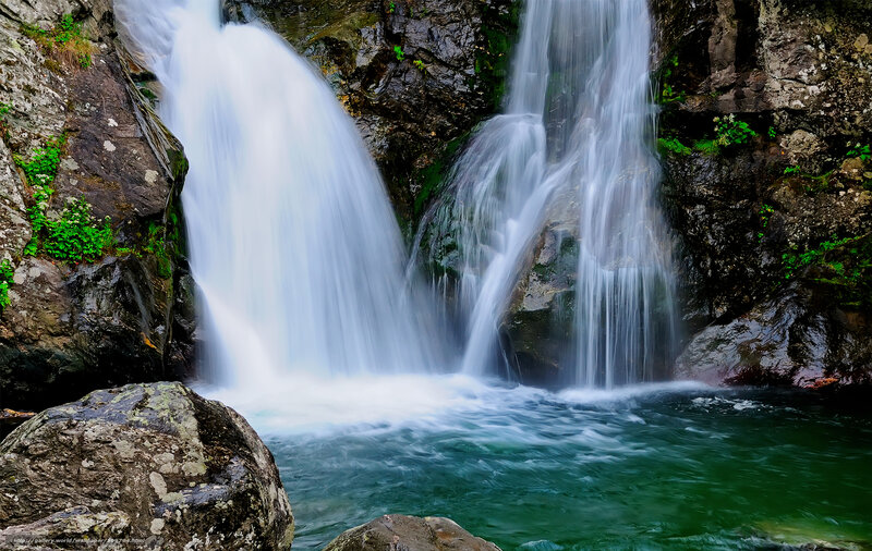Waterfall in Rocky Canyon — Green, Serene, Photograph, Rocks, Pool
