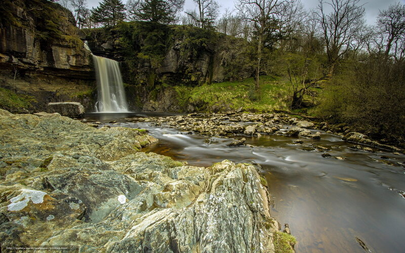 Waterfall in Rocky Gorge — Green, Serene, Autumn, Photograph