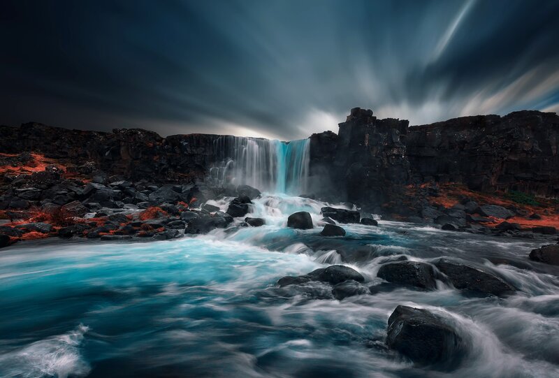 Waterfall in Rocky Landscape — Blue, Dramatic, Night