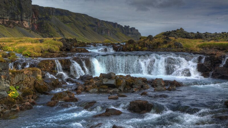 Waterfall in Rocky Landscape — Blue, Dramatic