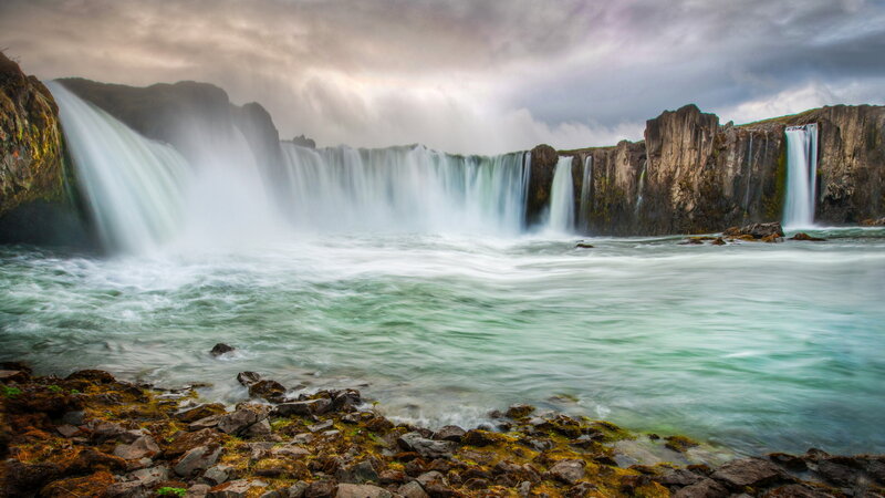 Waterfall in Rocky Landscape — Green, Dramatic