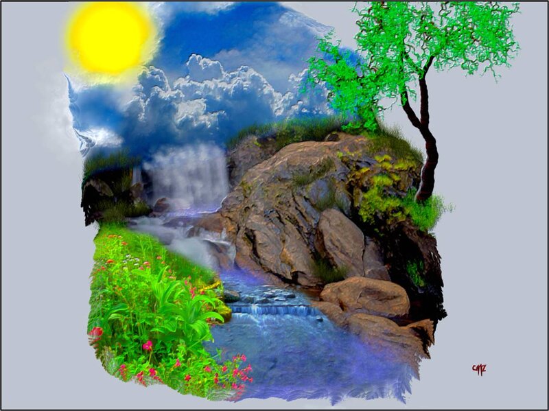 Waterfall in Rocky Landscape — Green, Serene, Afternoon, Digital Art