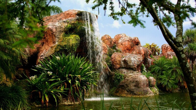 Waterfall in Rocky Landscape — Green, Serene, Afternoon