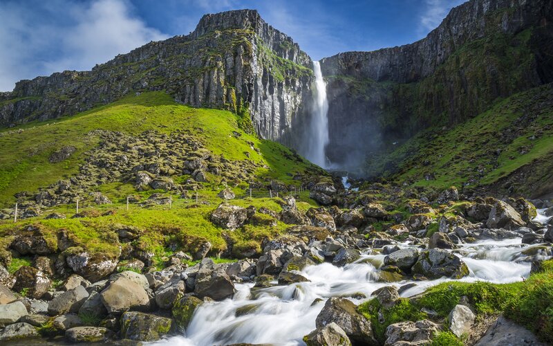 Waterfall in Rocky Valley — Green, Dramatic