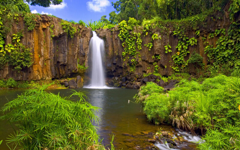 Waterfall in Tropical Forest — Green, Serene, Afternoon, Photograph, Pool, Cliff, Blue