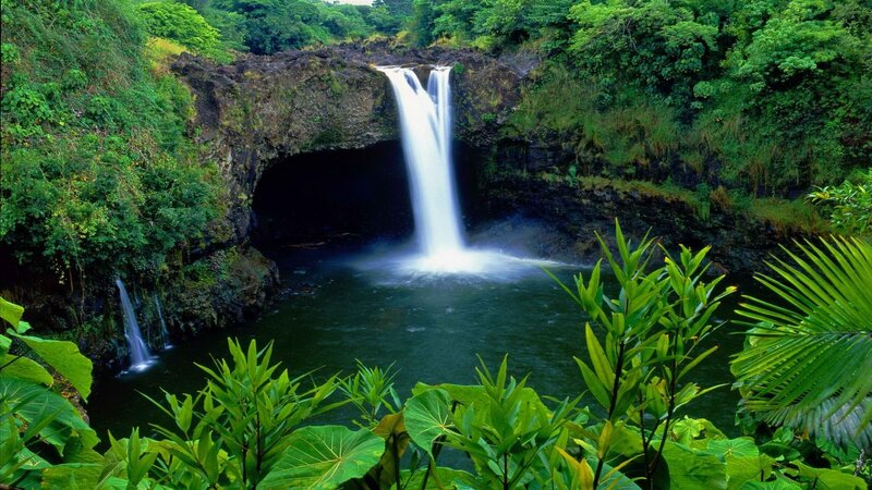 Waterfall in Tropical Forest — Green, Serene, Afternoon, Photograph, Pool, Rock, Blue