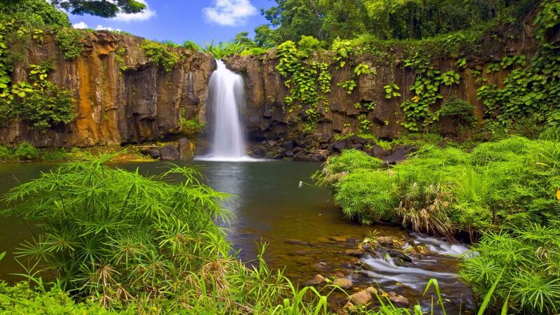 Waterfall in Tropical Forest — Green, Serene, Afternoon, Photograph, River, Cliff