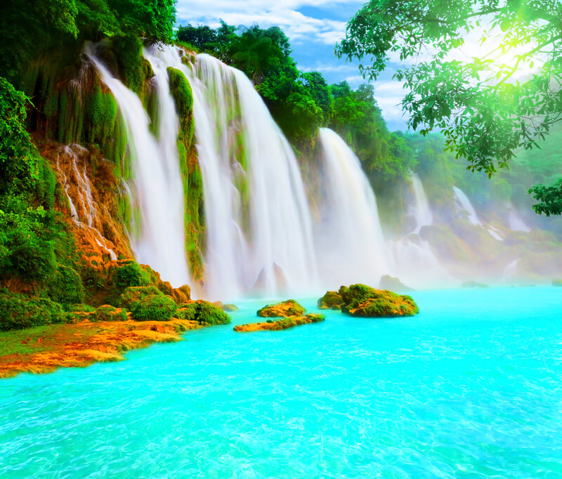 Waterfall in Tropical Forest — Green, Serene, Afternoon, Photograph, Trees, Rocks