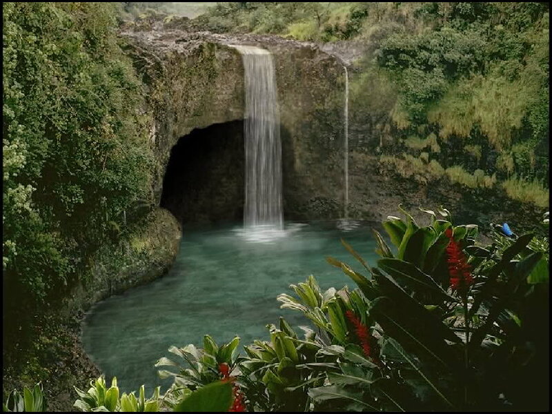 Waterfall in Tropical Forest — Green, Serene, Photograph, Cave