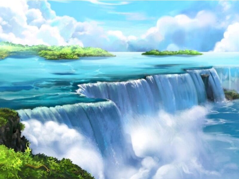 Waterfall in Tropical Landscape — Blue, Serene