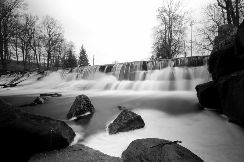 Waterfall in Winter — Black, Serene, Photograph