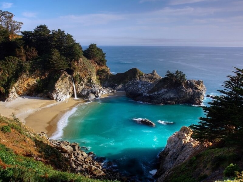 Waterfall into Cove — Blue, Serene, Afternoon, Photograph