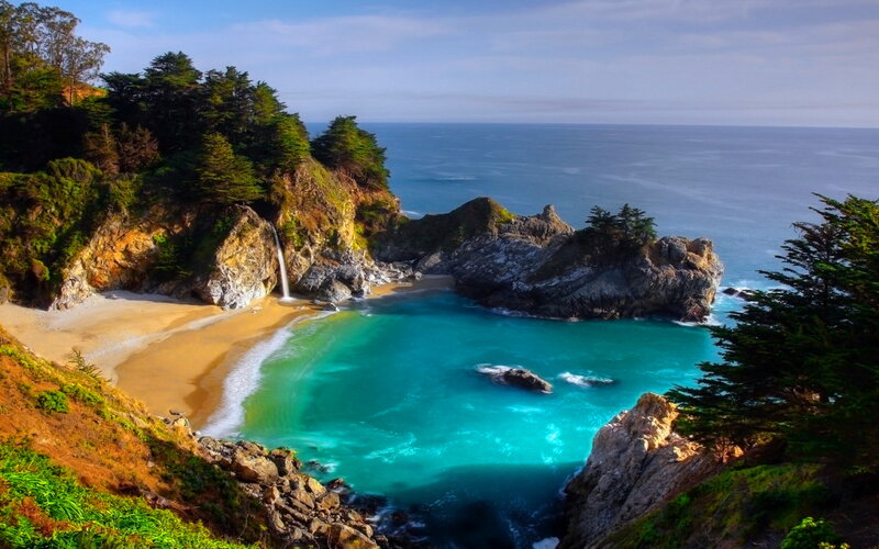 Waterfall into Cove — Blue, Serene, Afternoon