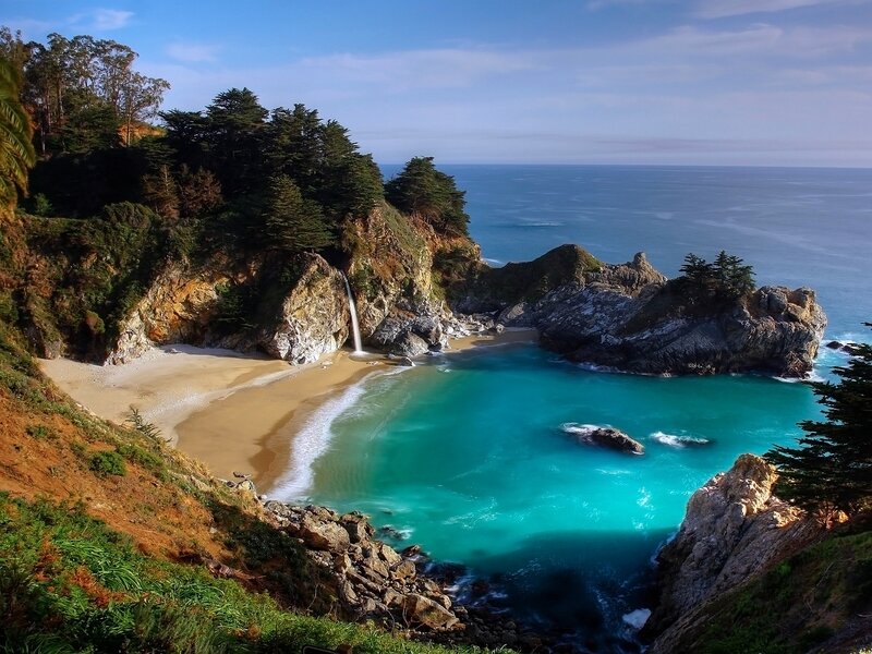 Waterfall into Cove — Blue