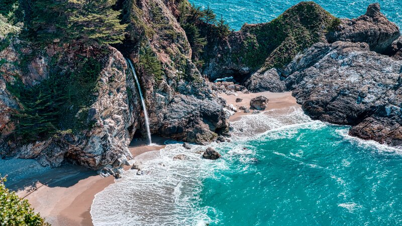 Waterfall into Ocean — Blue, Serene